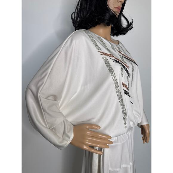 Vintage 1980s Riccardo White Batwing Dress Sequin Geometric Design medium - Picture 13 of 16